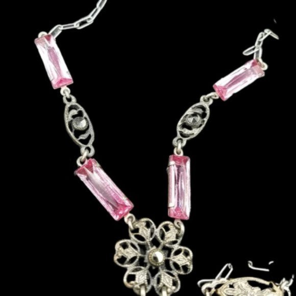 Art Deco Pink Glass Marcasite Filigree Necklace - Picture 4 of 5